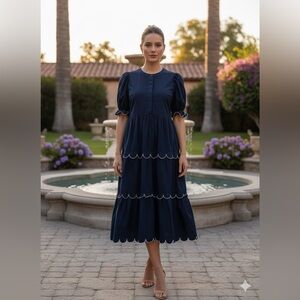 English Factory Navy Tiered Dress with Scalloped Trim